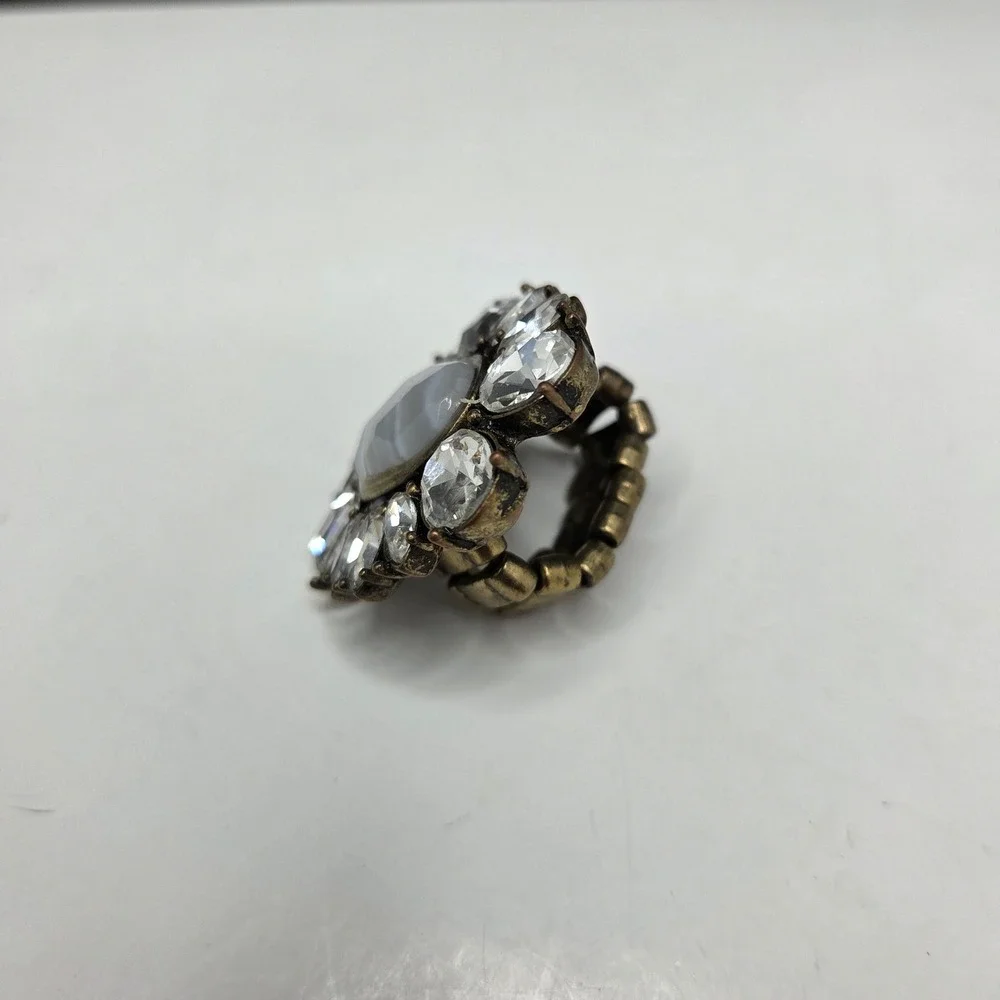 Statement Cocktail Ring Faux Agate Crystal Halo Stretch Band Bronze Tone OSFM